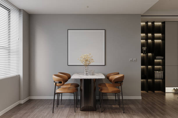 istock Interior Scene and Mockup, Modern Style Dining Room Chairs Colored Seats Marble Table. 3d rendering 2161175977