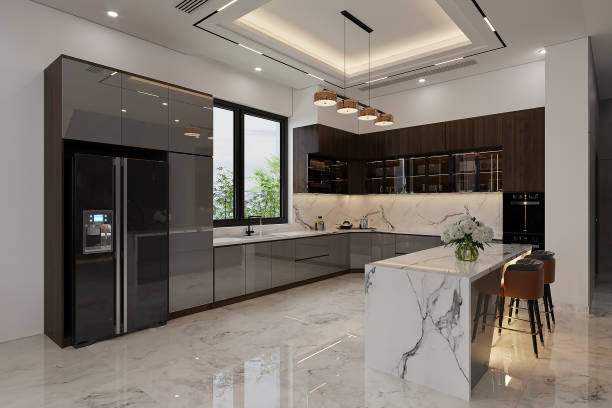 istock kitchen with appliances and a beautiful interior with a kitchen island. 3d rendering 2161176122