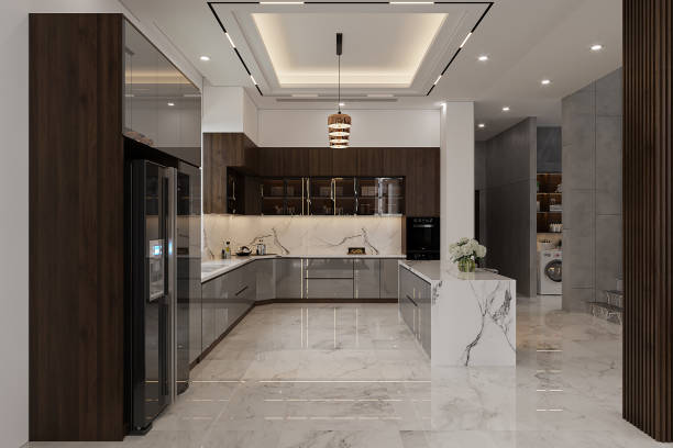 istock kitchen with appliances and a beautiful interior with white and wooden touches. 3d rendering 2161176125