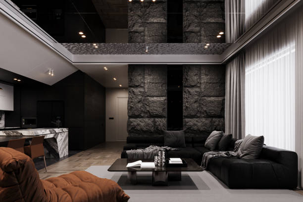 istock Modern living room with black tones, Modular sofa, and brown couch. 3d rendering 2161176384