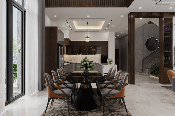 istock The dining room and table with white marble with brown and gray chairs. 3d rendering 2161176600
