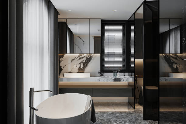 istock Modern luxury shower place interior with bathtub, and glass interior. 3D rendering 2161176695