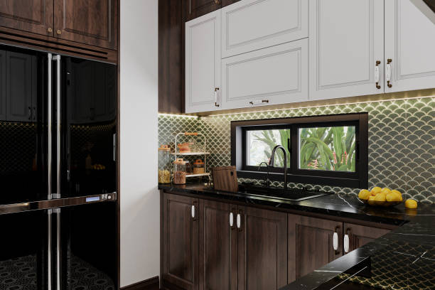 istock The kitchen interior design is allocated with wooden and kitchen appliances. 3D rendering 2161176819