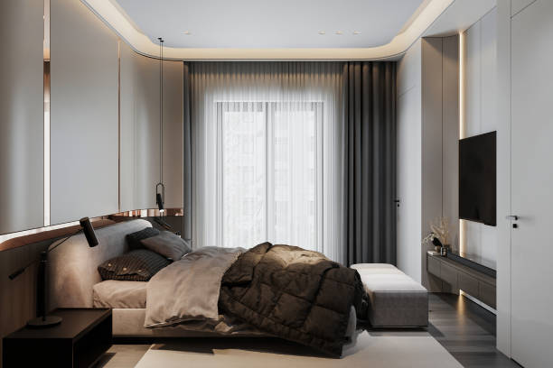 istock Sunlight comes into the Modern bedroom. 3D rendering 2161176860