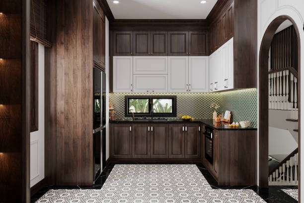 istock The kitchen interior design is allocated with wooden and texture flooring. 3D rendering 2161176895