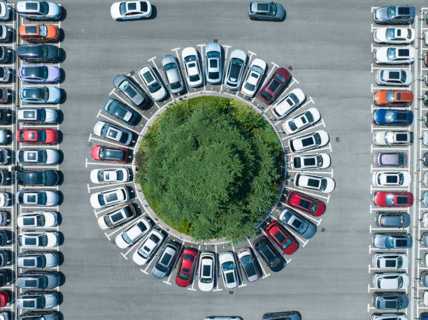 istock Bird's eye view of circular parking lot 2161180917