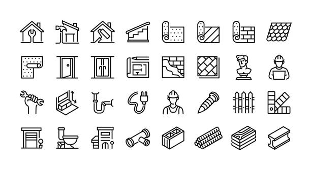 illustrazioni stock, clip art, cartoni animati e icone di tendenza di set di icone della linea di ristrutturazione della casa. gruppo di oggetti. riparazione della casa, pittura della casa. - tetto