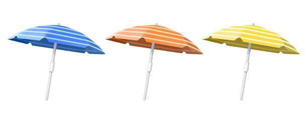 3D Colorful beach umbrellas icon isolated on a white background. Elegant opened blue, red and yellow umbrella, sun 3D Colorful beach umbrellas icon isolated on a white background. Elegant opened blue, red and yellow umbrella, sun protection, Vector illustration. Summer holiday, Time to travel concept red beach chairs stock illustrations