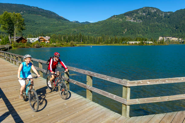 istock Senior couple explore lakeshore on bicycles 2161194044