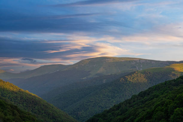 Bright sunset in the mountains with Beautiful green trees