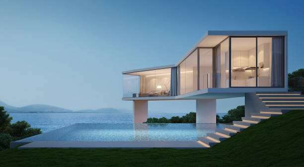 istock Modern house with sea view and swimming pool.3d rendering 2161198865