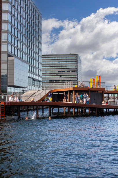 Copenhagen, Denmark - June 24, 2019: Kalvebod Brygge waterfront, modern urban space for relaxation and physical activity for citizens