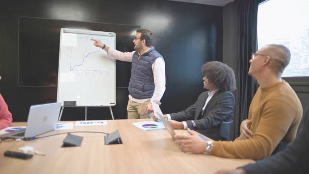 istock Business team in a meeting with a man presenting on a whiteboard. 2161204239