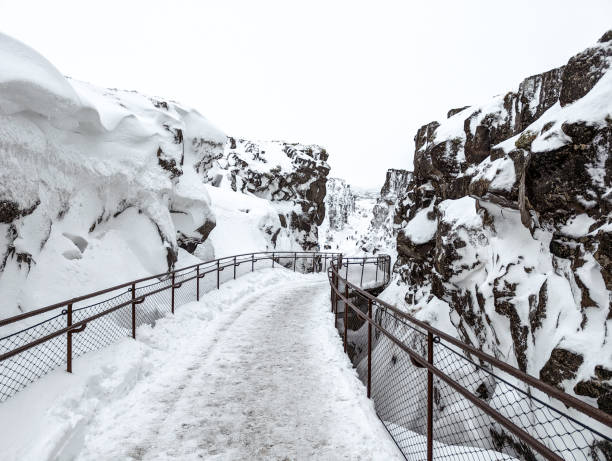 A snowy walkway with railings leads through the dramatic rock formations of Thingvellir National Park, Iceland. The winter scene highlights the rugged and serene beauty of this historic and natural landmark.