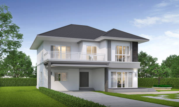 istock Modern house exterior daylight with lawn grass.3d rendering 2161209563