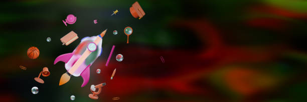 istock Back to school.Rocket and educational supplies on a dark background. 3d rendering 2161215416