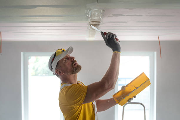 istock The worker make a plasterboard ceiling. He does taping plaster drywall ceiling joints. A red plasterboard improve the fire resistance of ceiling structures. 2161219388