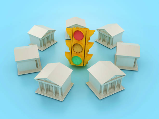 istock 3D Traffic Light with Bank Buildings 2161220771