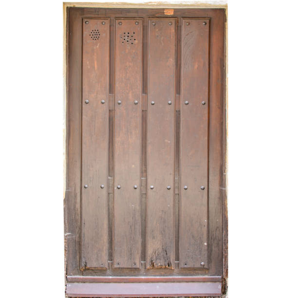istock Rustic Wooden Door Texture with Metal Studs and Ventilation Grilles 2161221888