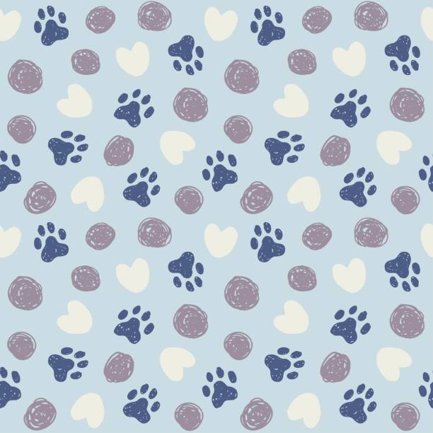istock Pet paw print seamless pattern with circles and hearts. Hand drawn textured cat, dog repeat vector background. Animal print for fabric, paper design. 2161222840