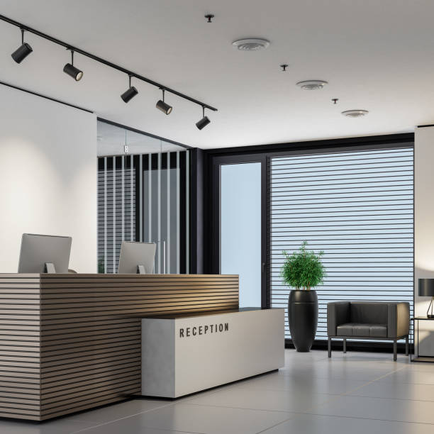 istock Modern office interior reception area with big desk 2161223274