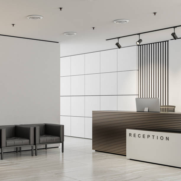 istock Modern office interior reception area with big desk 2161223275