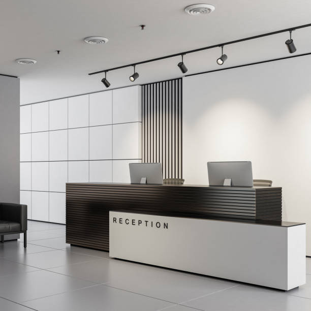 istock Modern office interior reception area with big desk 2161223276