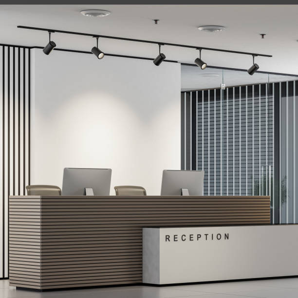 istock Modern office interior reception area with big desk 2161223288