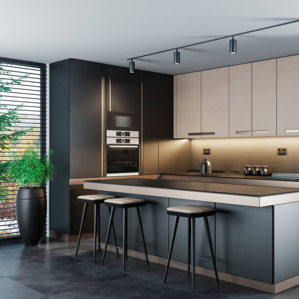 istock Black and beige Modern minimalist kitchen with dark materials. 2161223475