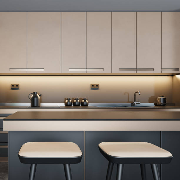 istock Black and beige Modern minimalist kitchen with dark materials. 2161223538