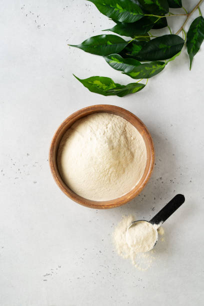 istock Different powder protein with scoop in plates 2161225664