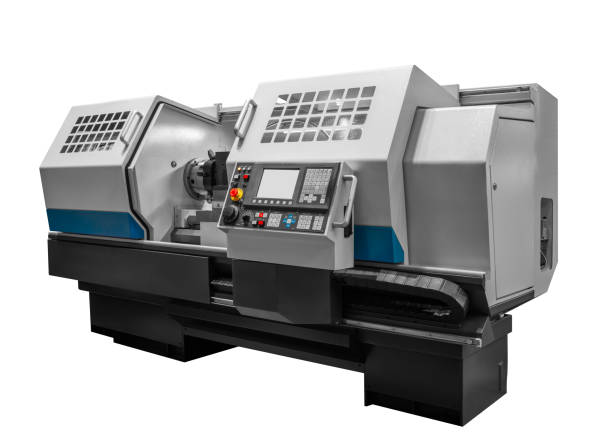 istock Manufacturing professional lathe machine. Industrial concept. Programmable modern cnc digital lathe with digital program control, turret type blade holder isolated on white transparent background 2161226110