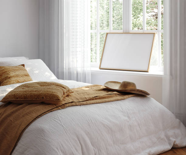 istock Home mockup, simple cozy Coastal bedroom interior background, 3d render 2161238046