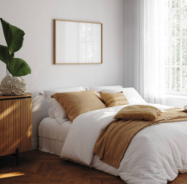 istock Home mockup, simple cozy Coastal bedroom interior background, 3d render 2161238052