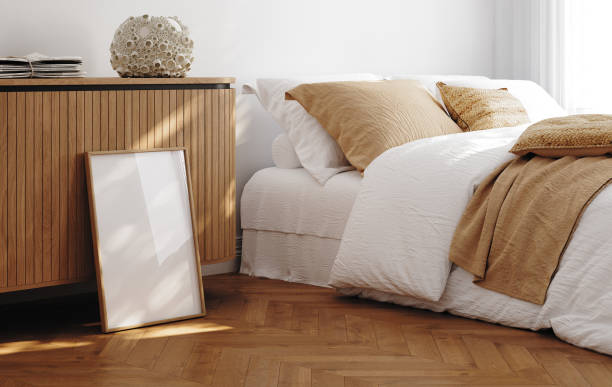 istock Home mockup, simple cozy Coastal bedroom interior background, 3d render 2161238059