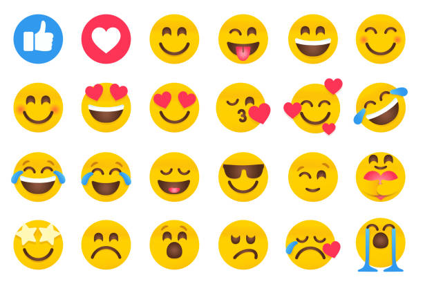 стокові ілюстрації на тему набір милих соціальних мереж emoji обличчя великі пальці вгору, серце, посмішка, жартома, плач, сміх, поцілунки, кохання, очі у формі серця, догл - смайлик