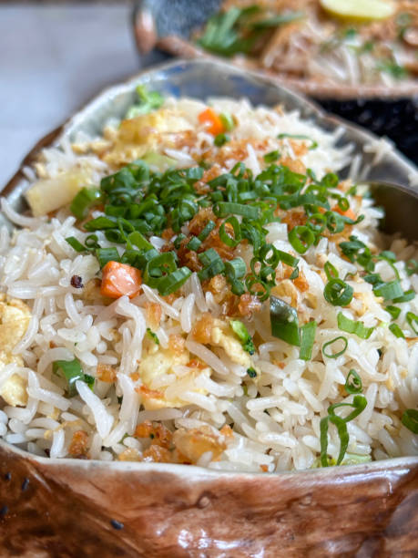 istock Full frame image of irregular shaped bowl of special fried rice with mixed vegetables, stir-fried cooked rice and scrambled eggs, spring onion garnish, elevated view 2161241466