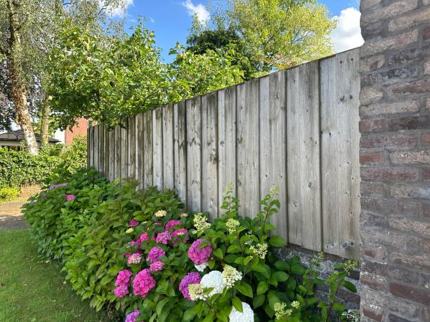 istock Wooden fence with brick poles 2161241746