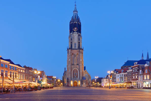 Night time view of the new church located in the Market Square (Delft, Netherlands).