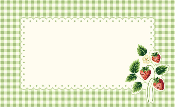 Cottage Core Garden Strawberry and Gingham Rectangular Vector Frame. Vintage Invitation Design With Nostalgic Retro Design. Fresh Summer Fruit Background