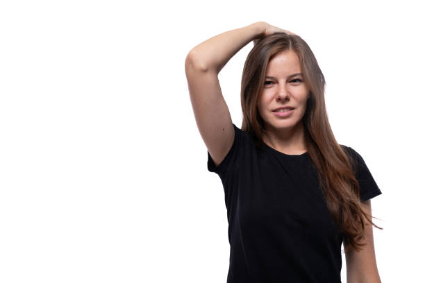 istock Caucasian brown haired woman wearing a basic t-shirt 2161253938