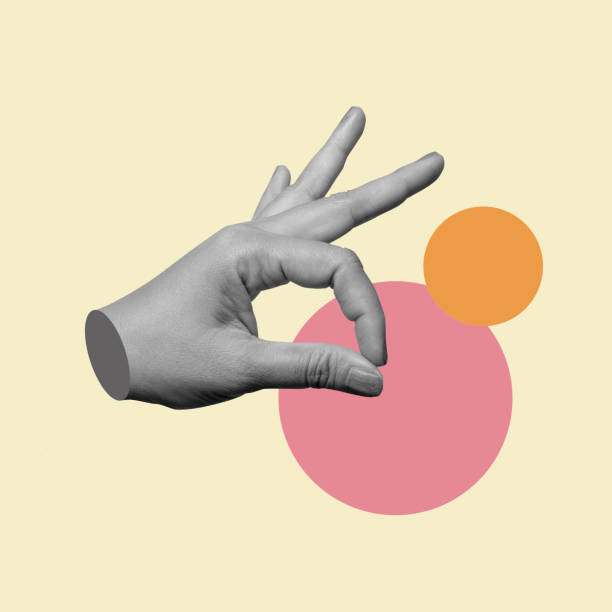 Black and white hand is making the okay sign with its fingers against a vibrant and minimalist background filled with geometric shapes