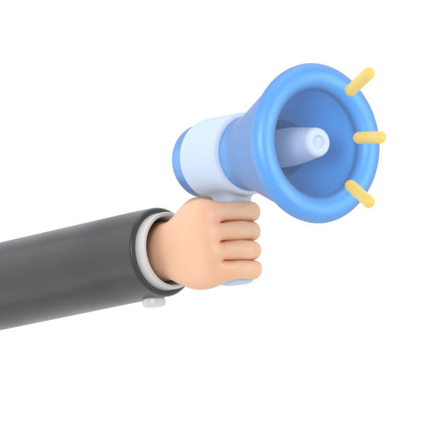 istock Cartoon Gesture Icon Mockup.3d hand holding yellow megaphone realistic icon, 3D rendering on white background. 2161260010