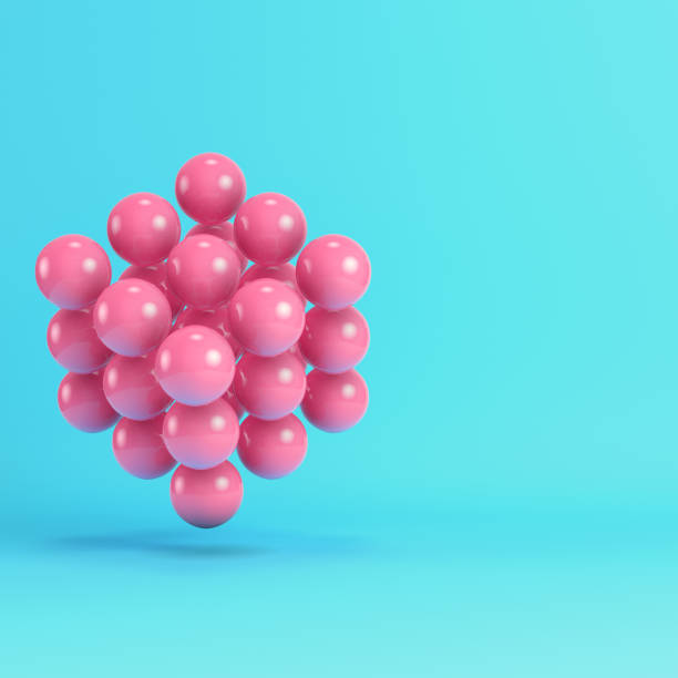Pink abstract spheres structure on bright blue background in pastel colors. Minimalism concept. 3d render