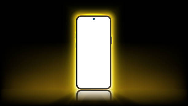 istock Futuristic Neon Yellow and Golden Light Smartphone Mockup Vector Illustration. Glowing Mobile Screen with Shadow. 2161270735