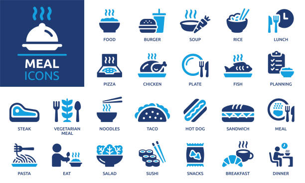 Meal icon set. Vector solid icons collection. Containing food, lunch, eat, dinner, pasta, rice, pizza, salad, soup, breakfast and more. nutrients icon stock illustrations