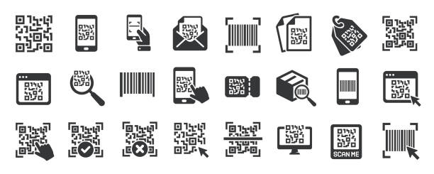 ilustrações de stock, clip art, desenhos animados e ícones de qr code glyph solid icons collection. containing barcode, identity, identification, digital. for website marketing design, logo, app, template, ui, etc. vector illustration. - equipamento de exame médico por imagem de diagnóstico