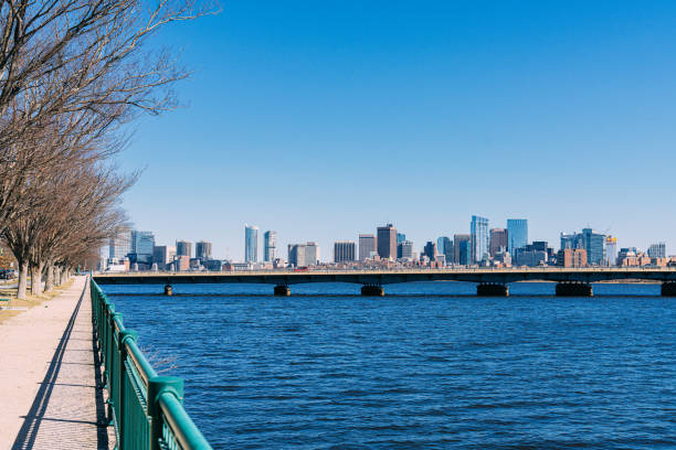 Winter / Early Springtime view of the Harvard Bridge, connecting Boston's Back Bay to Cambridge, Massachusetts