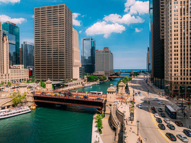 Aerial View of the DuSable Bridge on the Chicago Riverwalk in Summertime