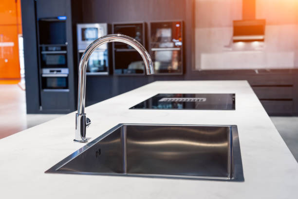 Kitchen water mixer. Water tap made of chrome material